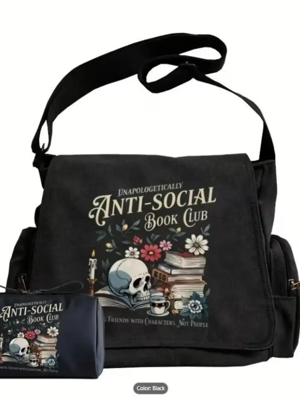 Anti-Social Book Club Messenger Bag & Pencil Pouch Gothic Skull Bundle